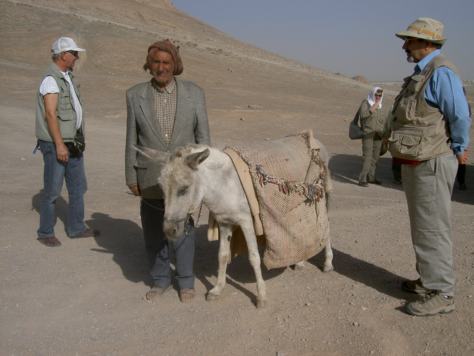 Yazd - Man with donkey below towers of silence